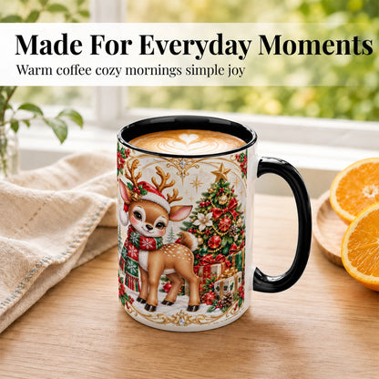 #pl[15oz|Black] Christmas Reindeer Coffee Mug, Holiday Deer Mug, Ceramic Cup