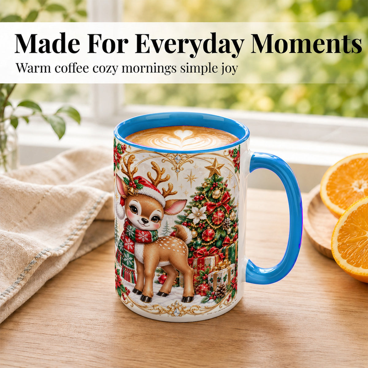 #pl[15oz|Blue] Christmas Reindeer Coffee Mug, Holiday Deer Mug, Ceramic Cup