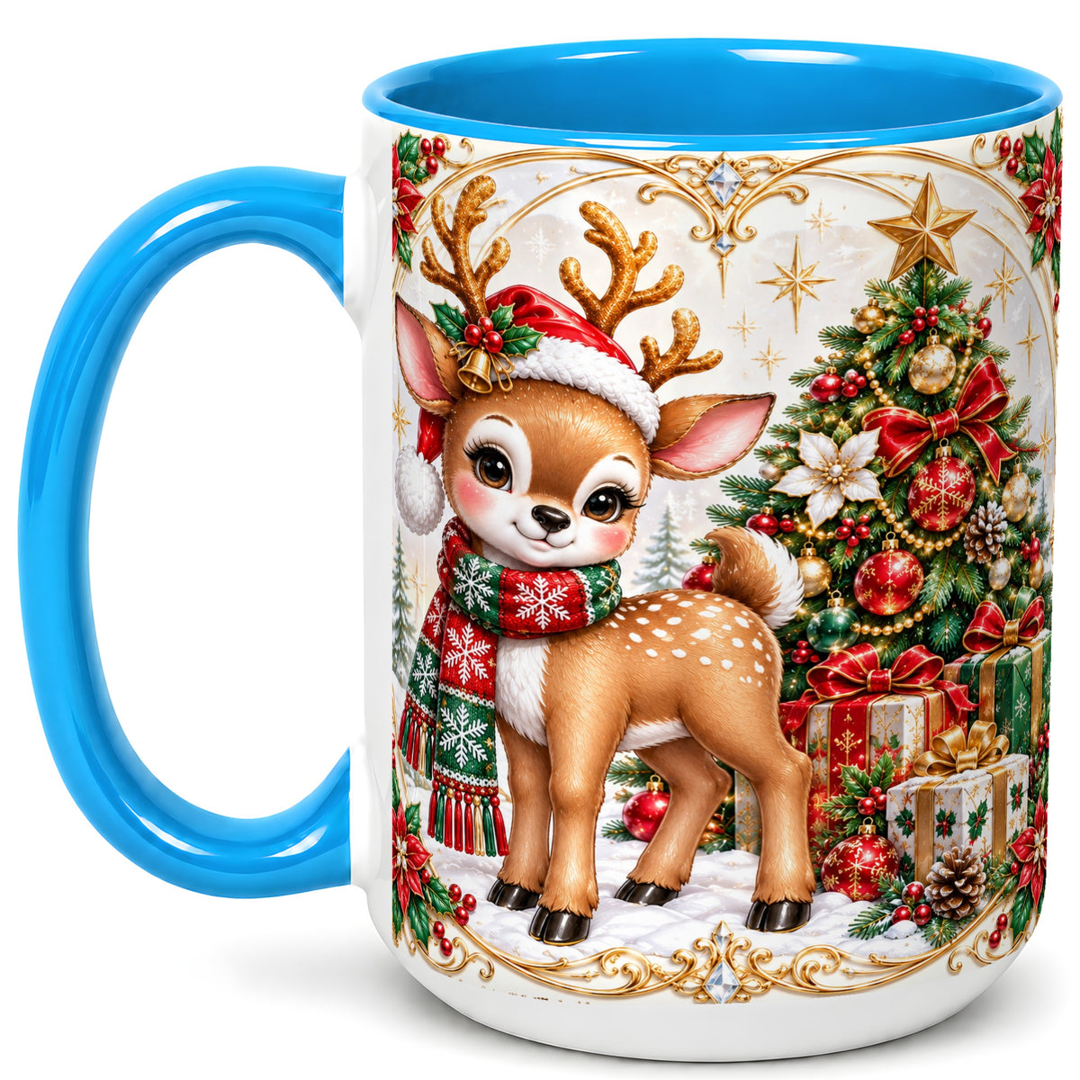 #pl[15oz|Blue] Christmas Reindeer Coffee Mug, Holiday Deer Mug, Ceramic Cup