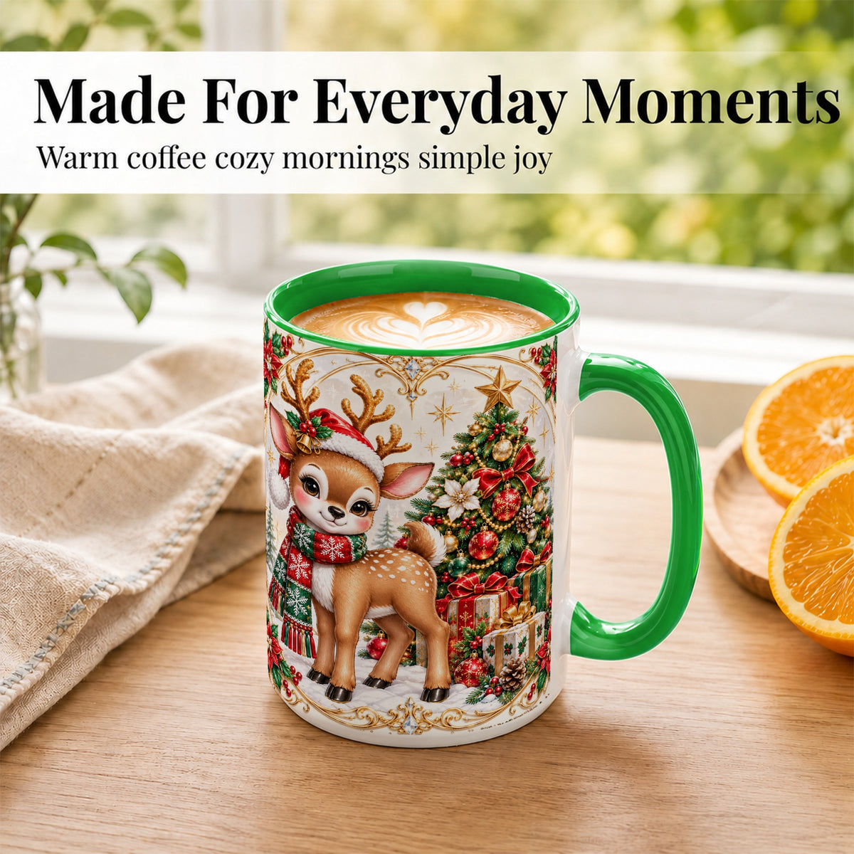 #pl[15oz|Green] Christmas Reindeer Coffee Mug, Holiday Deer Mug, Ceramic Cup