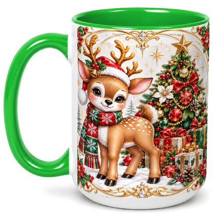 #pl[15oz|Green] Christmas Reindeer Coffee Mug, Holiday Deer Mug, Ceramic Cup