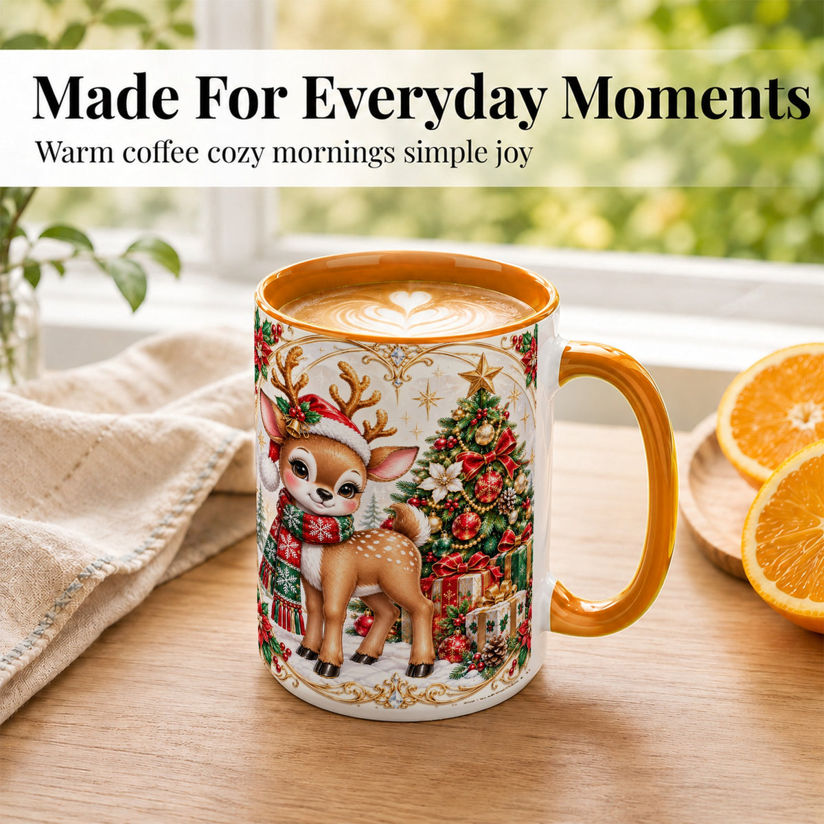 #pl[15oz|Orange] Christmas Reindeer Coffee Mug, Holiday Deer Mug, Ceramic Cup