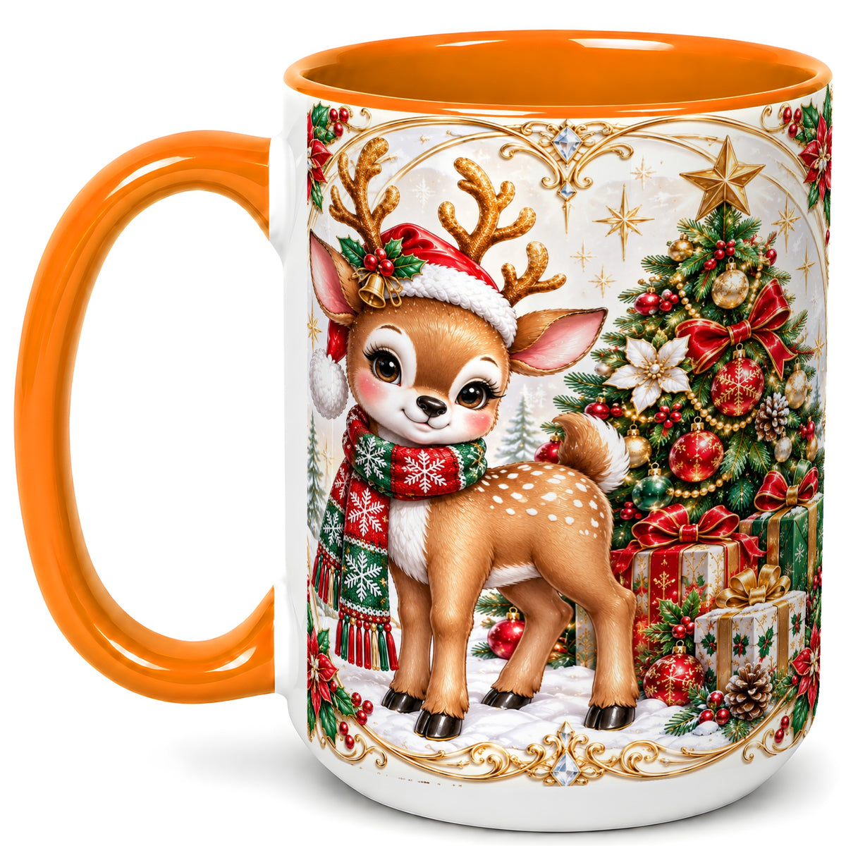 #pl[15oz|Orange] Christmas Reindeer Coffee Mug, Holiday Deer Mug, Ceramic Cup