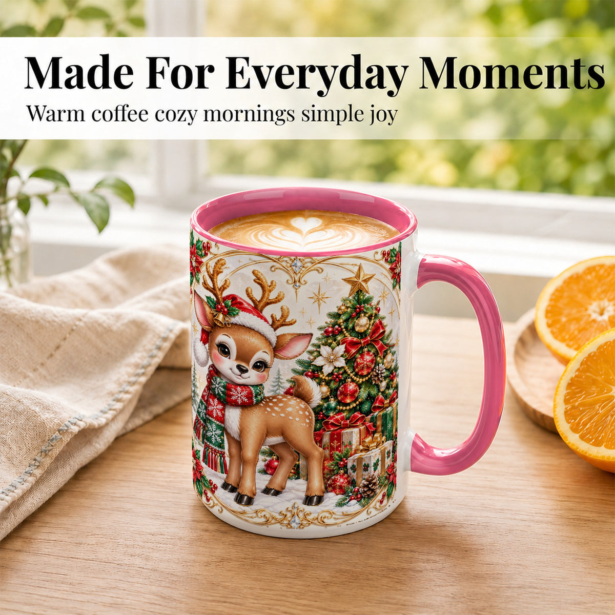 #pl[15oz|Pink] Christmas Reindeer Coffee Mug, Holiday Deer Mug, Ceramic Cup