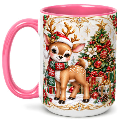 #pl[15oz|Pink] Christmas Reindeer Coffee Mug, Holiday Deer Mug, Ceramic Cup