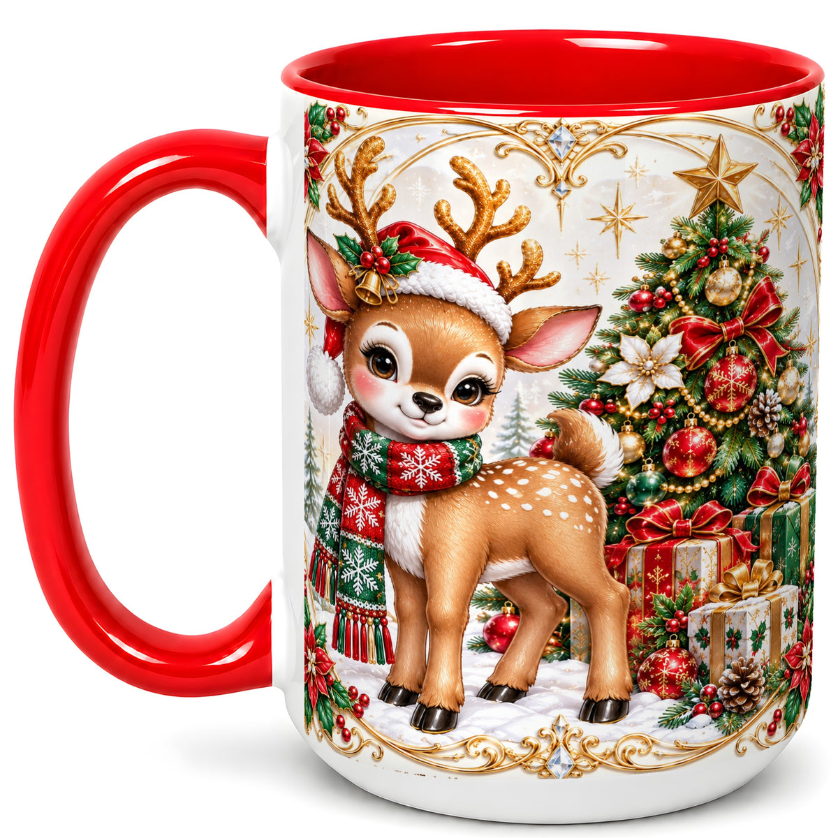 #pl[15oz|Red] Christmas Reindeer Coffee Mug, Holiday Deer Mug, Ceramic Cup