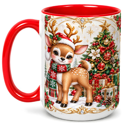 #pl[15oz|Red] Christmas Reindeer Coffee Mug, Holiday Deer Mug, Ceramic Cup