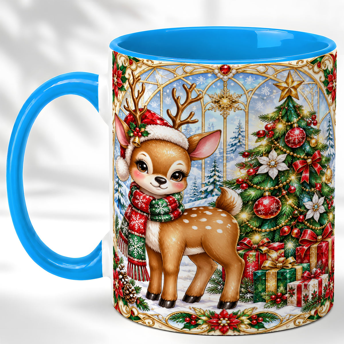 #pl[11oz|Blue] Jeweled Reindeer Coffee Mug, Christmas Deer Mug, Ceramic Cup