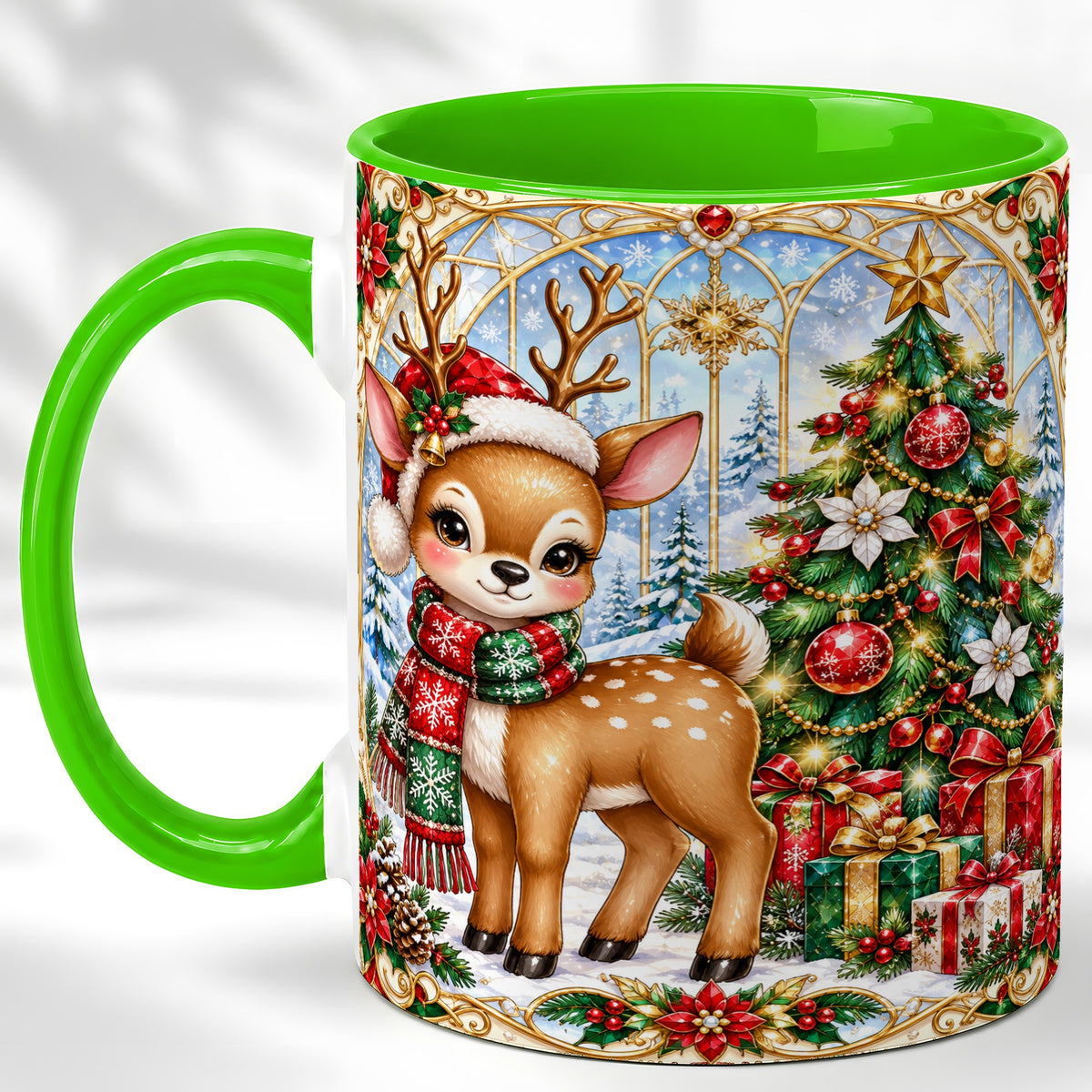 #pl[11oz|Green] Jeweled Reindeer Coffee Mug, Christmas Deer Mug, Ceramic Cup