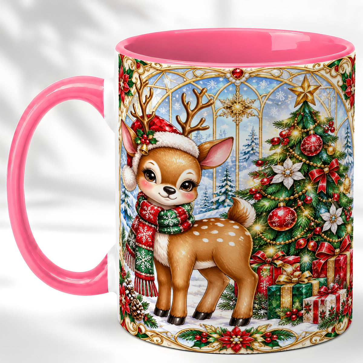 #pl[11oz|Pink] Jeweled Reindeer Coffee Mug, Christmas Deer Mug, Ceramic Cup