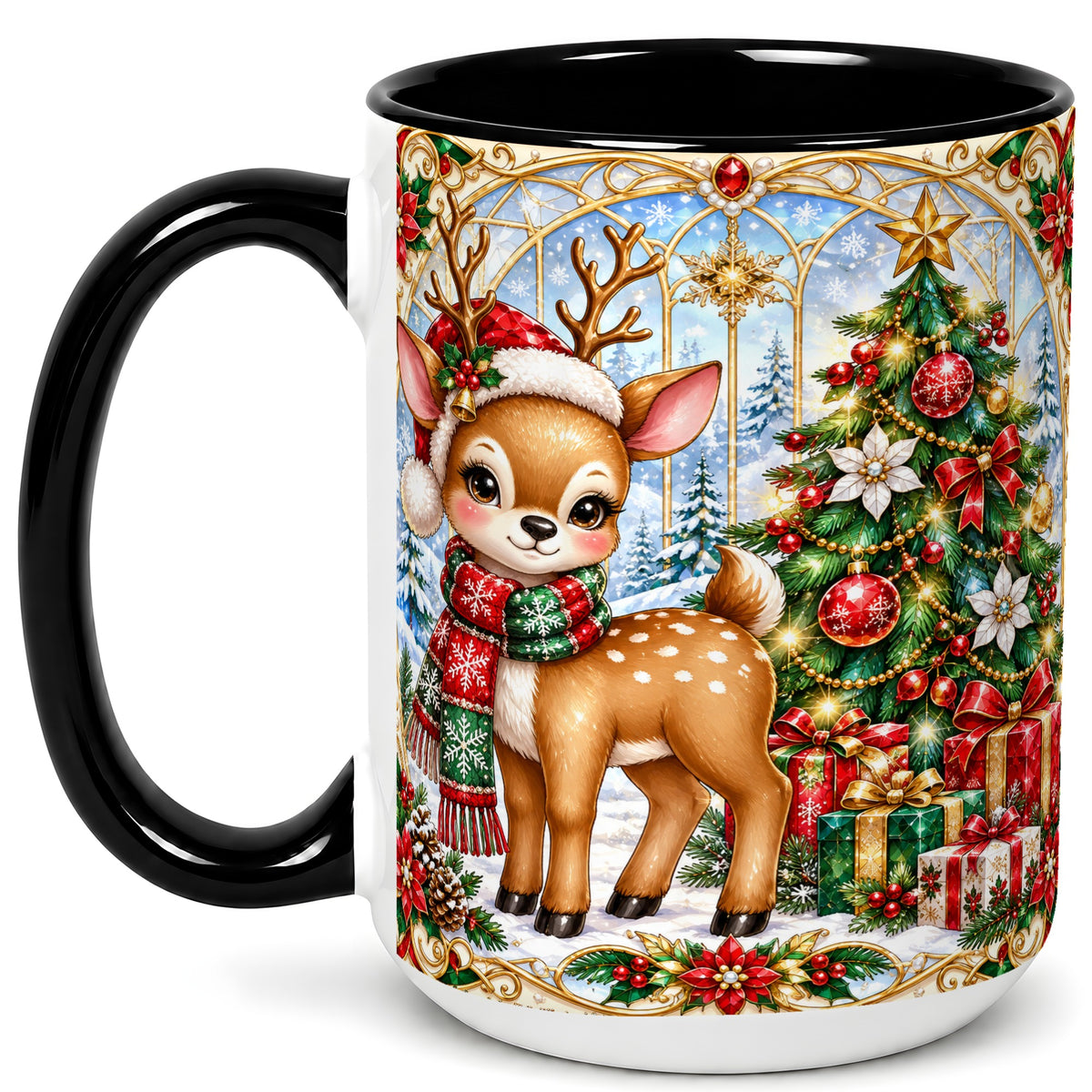 #pl[15oz|Black] Jeweled Reindeer Coffee Mug, Christmas Deer Mug, Ceramic Cup