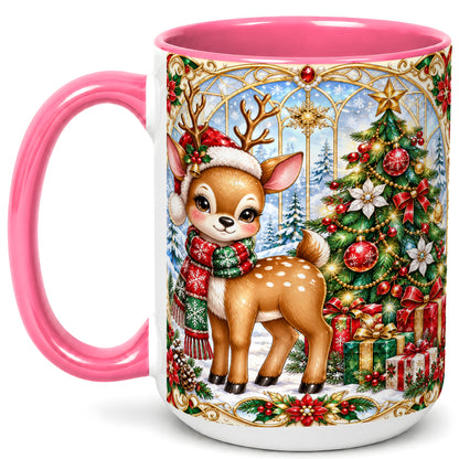 #pl[15oz|Pink] Jeweled Reindeer Coffee Mug, Christmas Deer Mug, Ceramic Cup