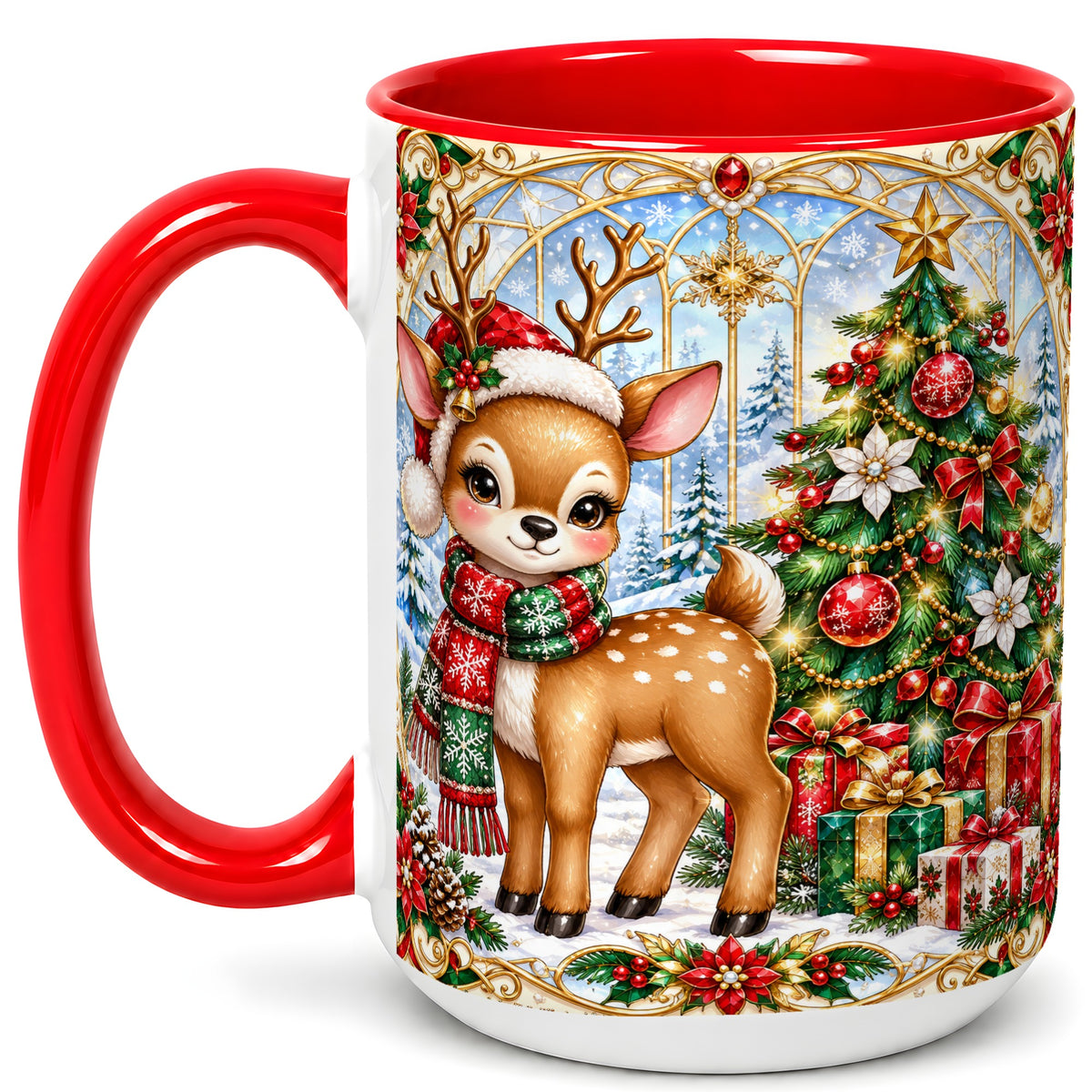 #pl[15oz|Red] Jeweled Reindeer Coffee Mug, Christmas Deer Mug, Ceramic Cup