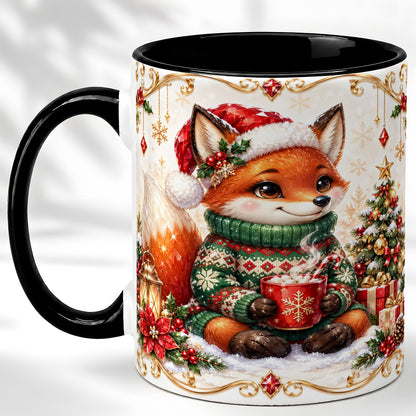 #pl[11oz|Black] Christmas Fox Coffee Mug, Cozy Holiday Fox Mug, Ceramic Cup