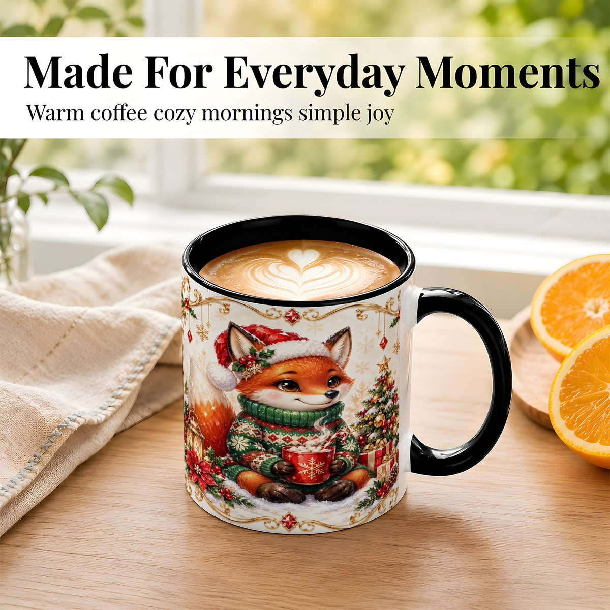 #pl[11oz|Black] Christmas Fox Coffee Mug, Cozy Holiday Fox Mug, Ceramic Cup