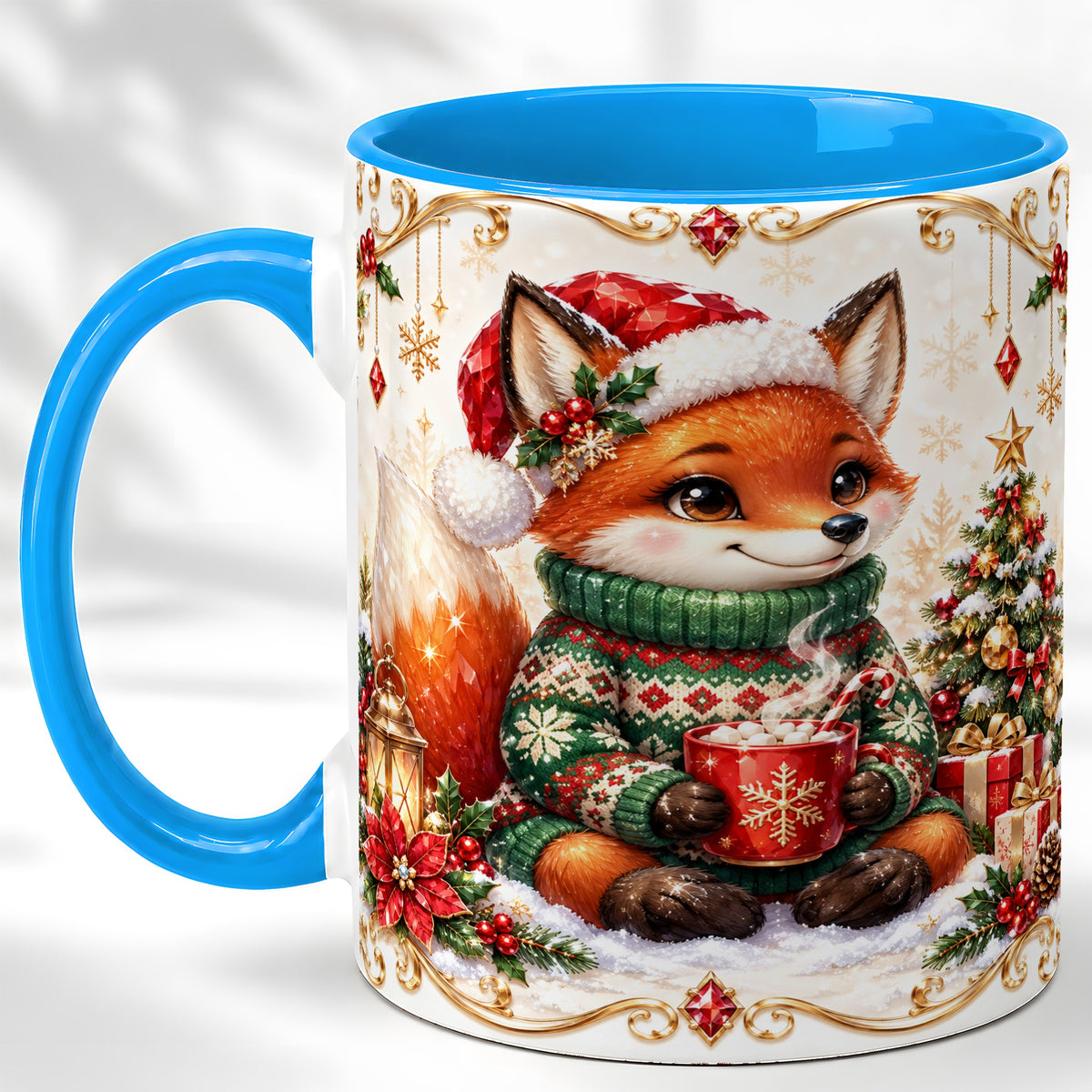 #pl[11oz|Blue] Christmas Fox Coffee Mug, Cozy Holiday Fox Mug, Ceramic Cup