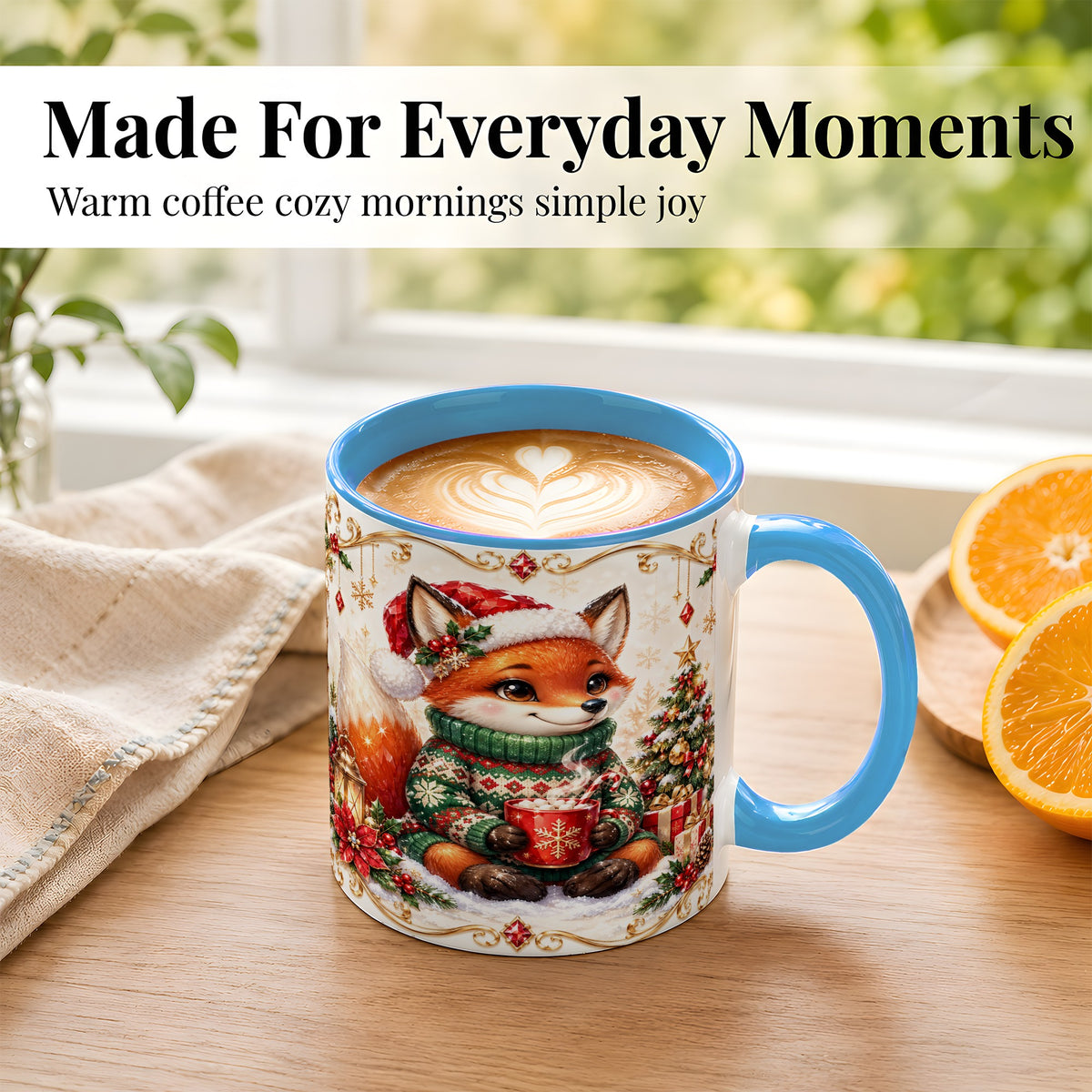 #pl[11oz|Blue] Christmas Fox Coffee Mug, Cozy Holiday Fox Mug, Ceramic Cup