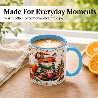 #pl[11oz|Blue] Christmas Fox Coffee Mug, Cozy Holiday Fox Mug, Ceramic Cup