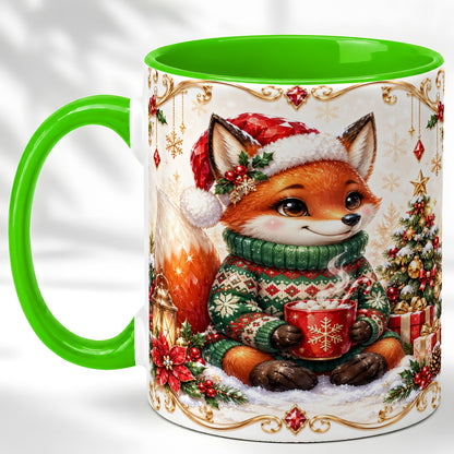 #pl[11oz|Green] Christmas Fox Coffee Mug, Cozy Holiday Fox Mug, Ceramic Cup