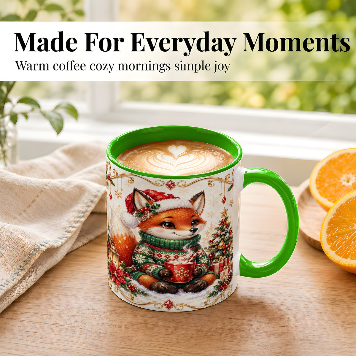 #pl[11oz|Green] Christmas Fox Coffee Mug, Cozy Holiday Fox Mug, Ceramic Cup
