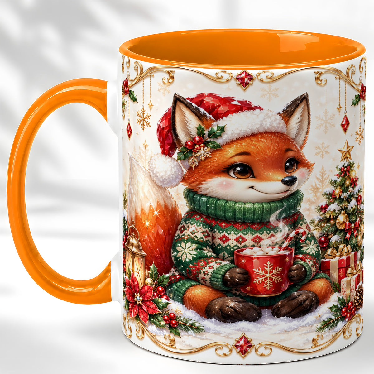 #pl[11oz|Orange] Christmas Fox Coffee Mug, Cozy Holiday Fox Mug, Ceramic Cup