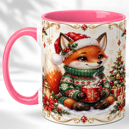 #pl[11oz|Pink] Christmas Fox Coffee Mug, Cozy Holiday Fox Mug, Ceramic Cup