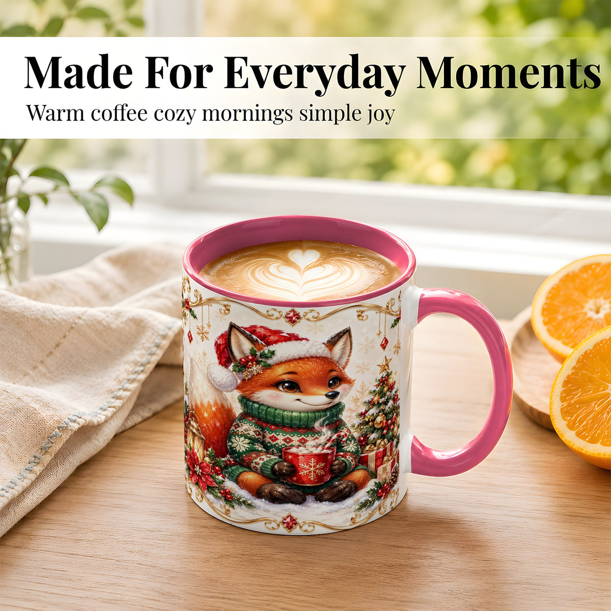 #pl[11oz|Pink] Christmas Fox Coffee Mug, Cozy Holiday Fox Mug, Ceramic Cup