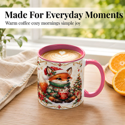 #pl[11oz|Pink] Christmas Fox Coffee Mug, Cozy Holiday Fox Mug, Ceramic Cup