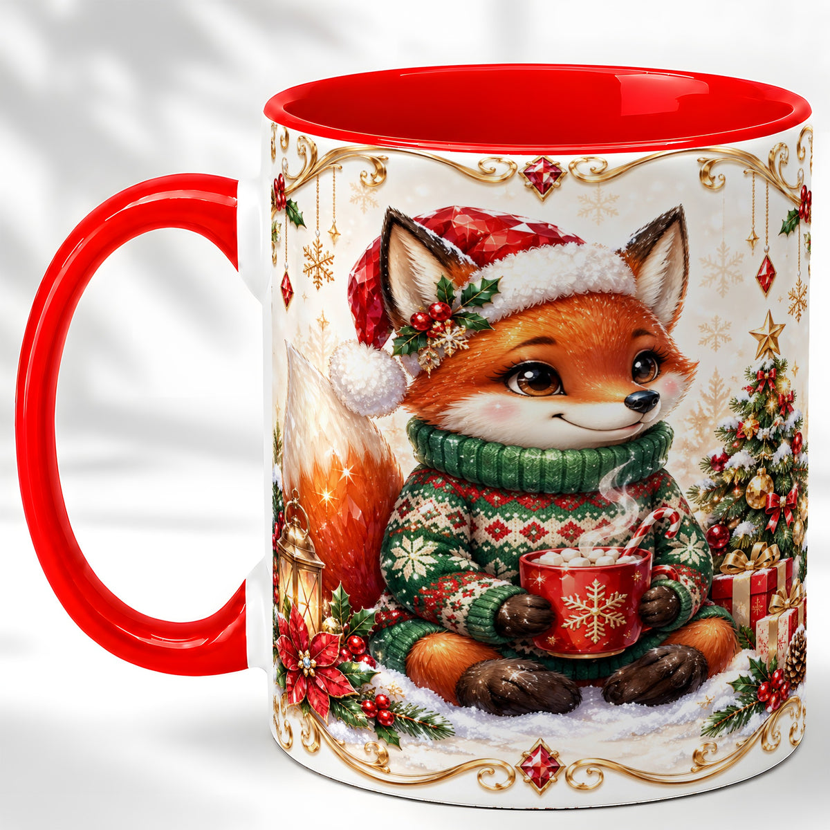 Christmas Fox Coffee Mug, Cozy Holiday Fox Mug, Ceramic Cup