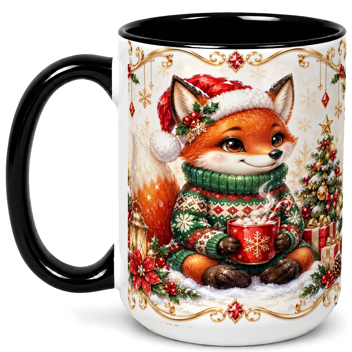 #pl[15oz|Black] Christmas Fox Coffee Mug, Cozy Holiday Fox Mug, Ceramic Cup