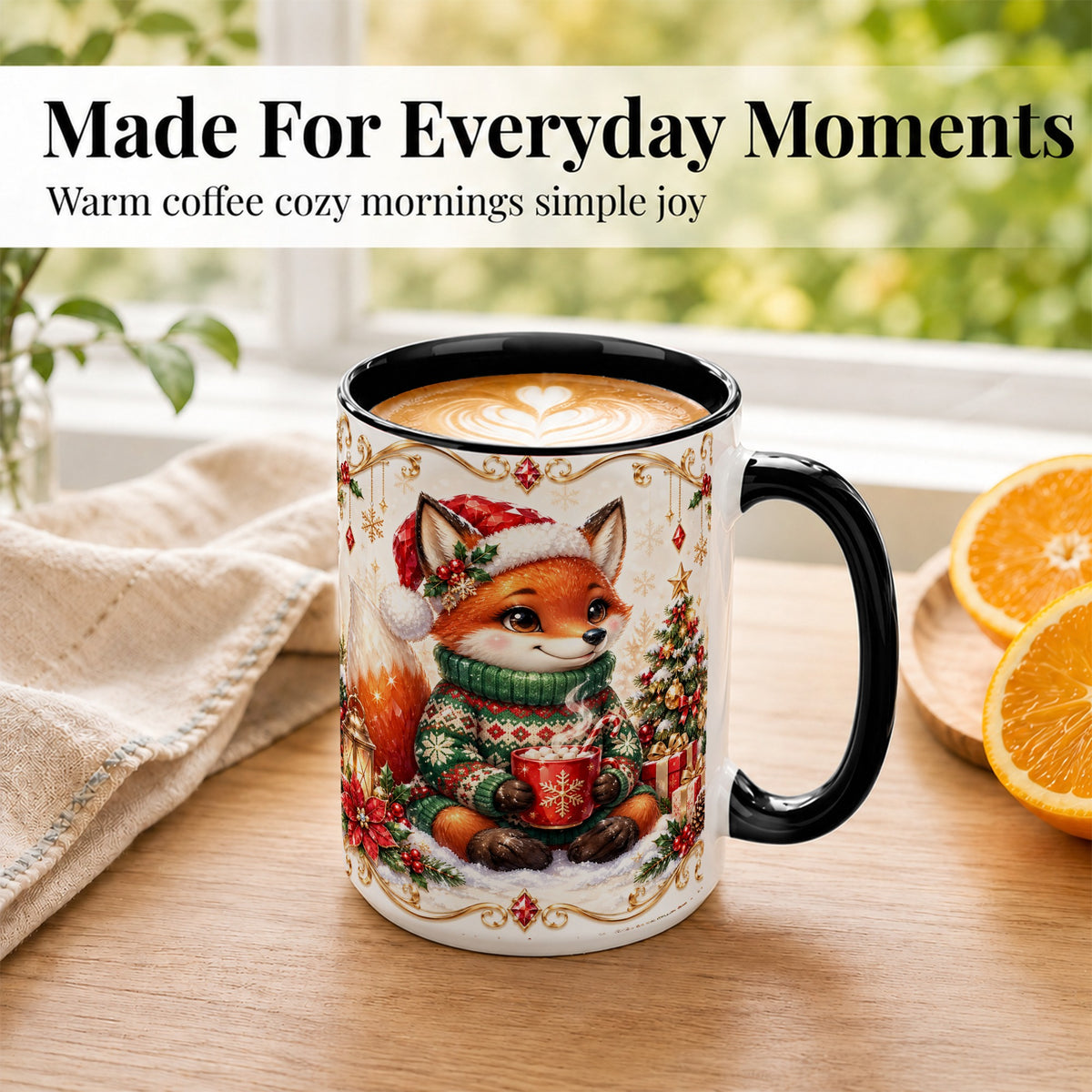 #pl[15oz|Black] Christmas Fox Coffee Mug, Cozy Holiday Fox Mug, Ceramic Cup