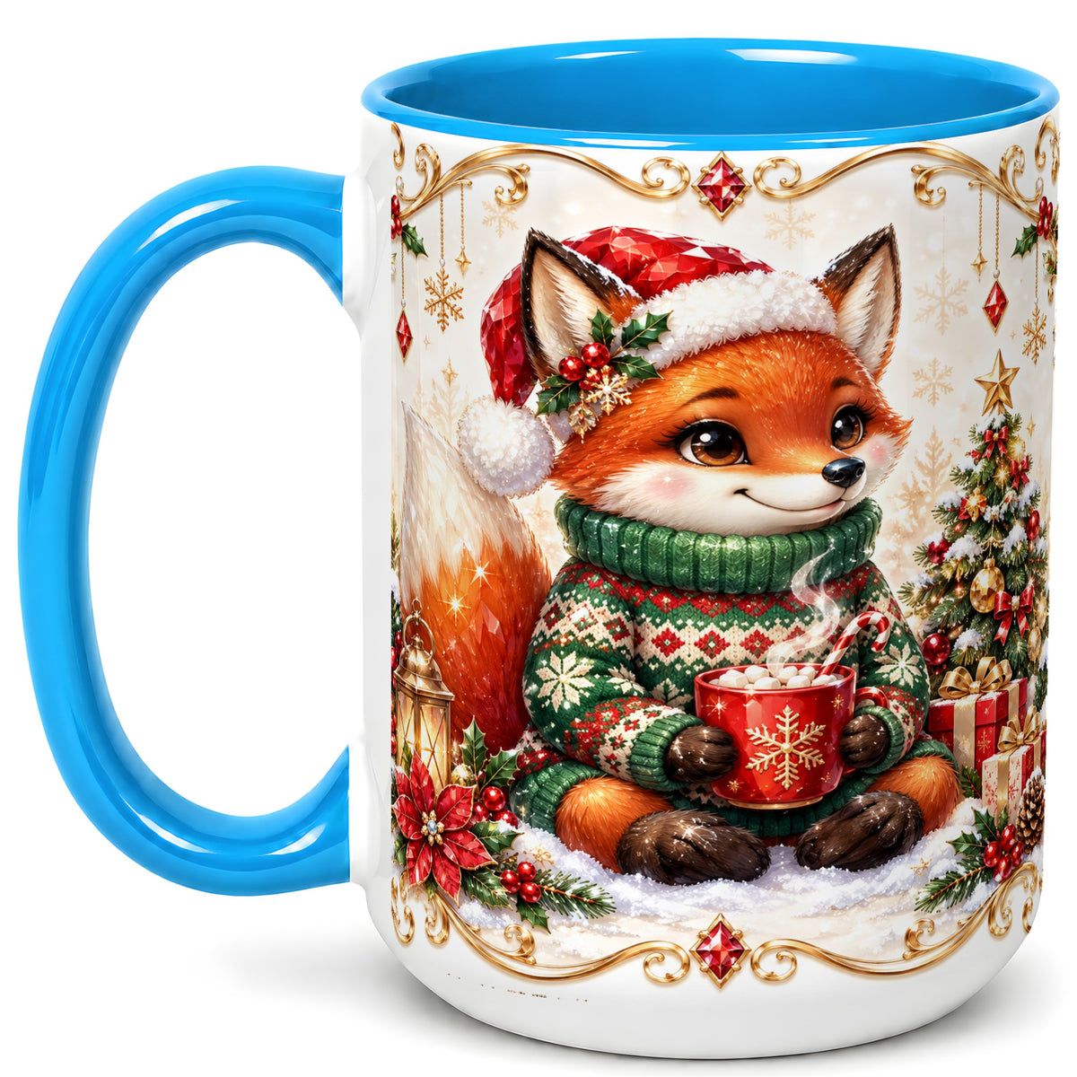 #pl[15oz|Blue] Christmas Fox Coffee Mug, Cozy Holiday Fox Mug, Ceramic Cup
