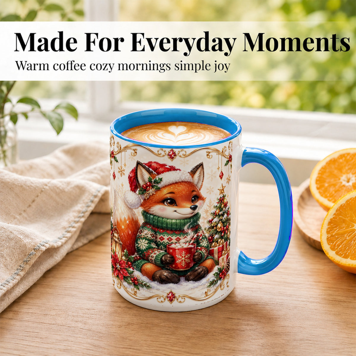 #pl[15oz|Blue] Christmas Fox Coffee Mug, Cozy Holiday Fox Mug, Ceramic Cup