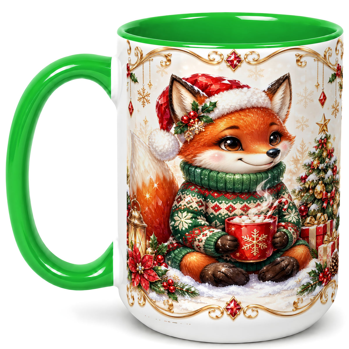 #pl[15oz|Green] Christmas Fox Coffee Mug, Cozy Holiday Fox Mug, Ceramic Cup