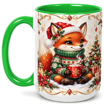 #pl[15oz|Green] Christmas Fox Coffee Mug, Cozy Holiday Fox Mug, Ceramic Cup