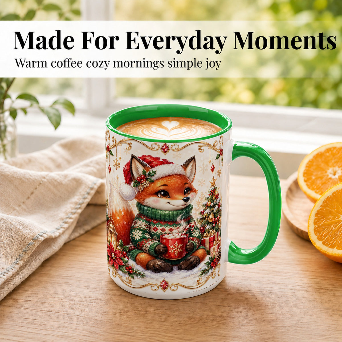 #pl[15oz|Green] Christmas Fox Coffee Mug, Cozy Holiday Fox Mug, Ceramic Cup