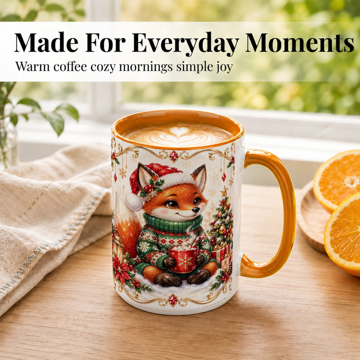 #pl[15oz|Orange] Christmas Fox Coffee Mug, Cozy Holiday Fox Mug, Ceramic Cup