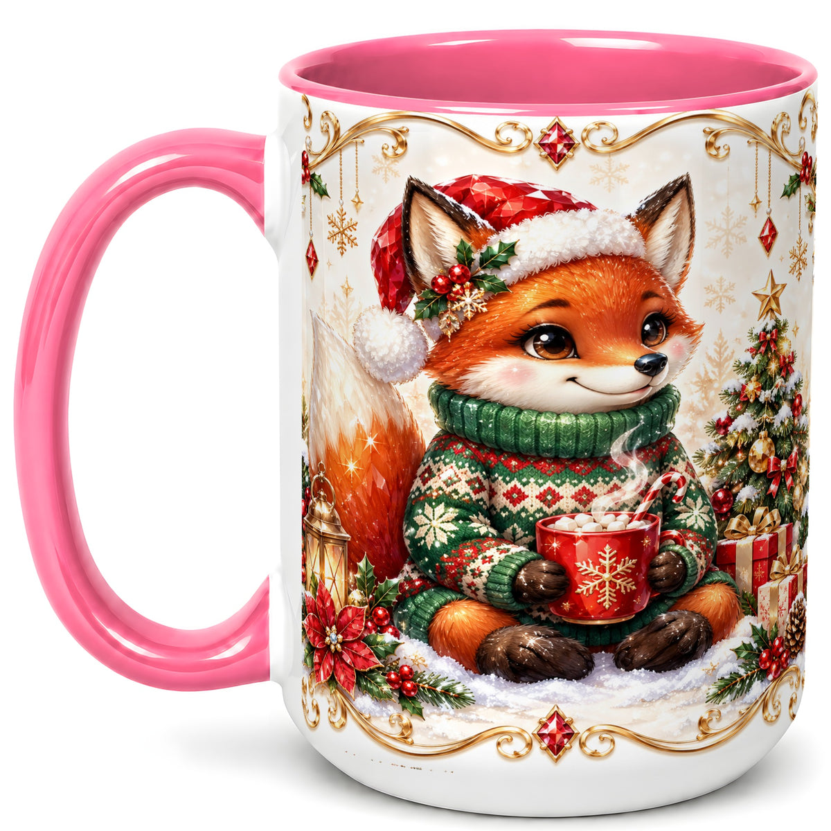 #pl[15oz|Pink] Christmas Fox Coffee Mug, Cozy Holiday Fox Mug, Ceramic Cup