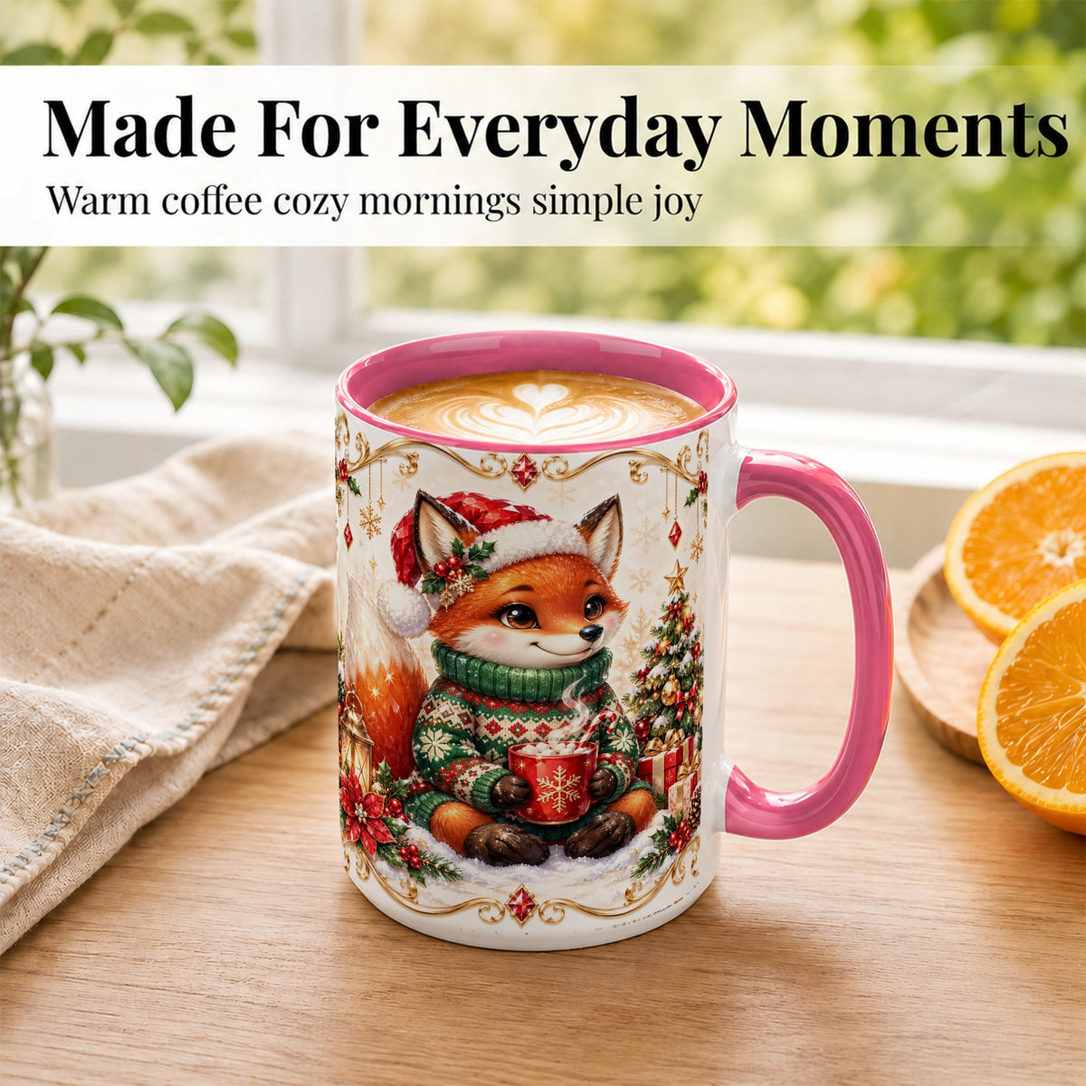 #pl[15oz|Pink] Christmas Fox Coffee Mug, Cozy Holiday Fox Mug, Ceramic Cup
