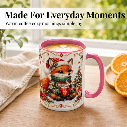 #pl[15oz|Pink] Christmas Fox Coffee Mug, Cozy Holiday Fox Mug, Ceramic Cup