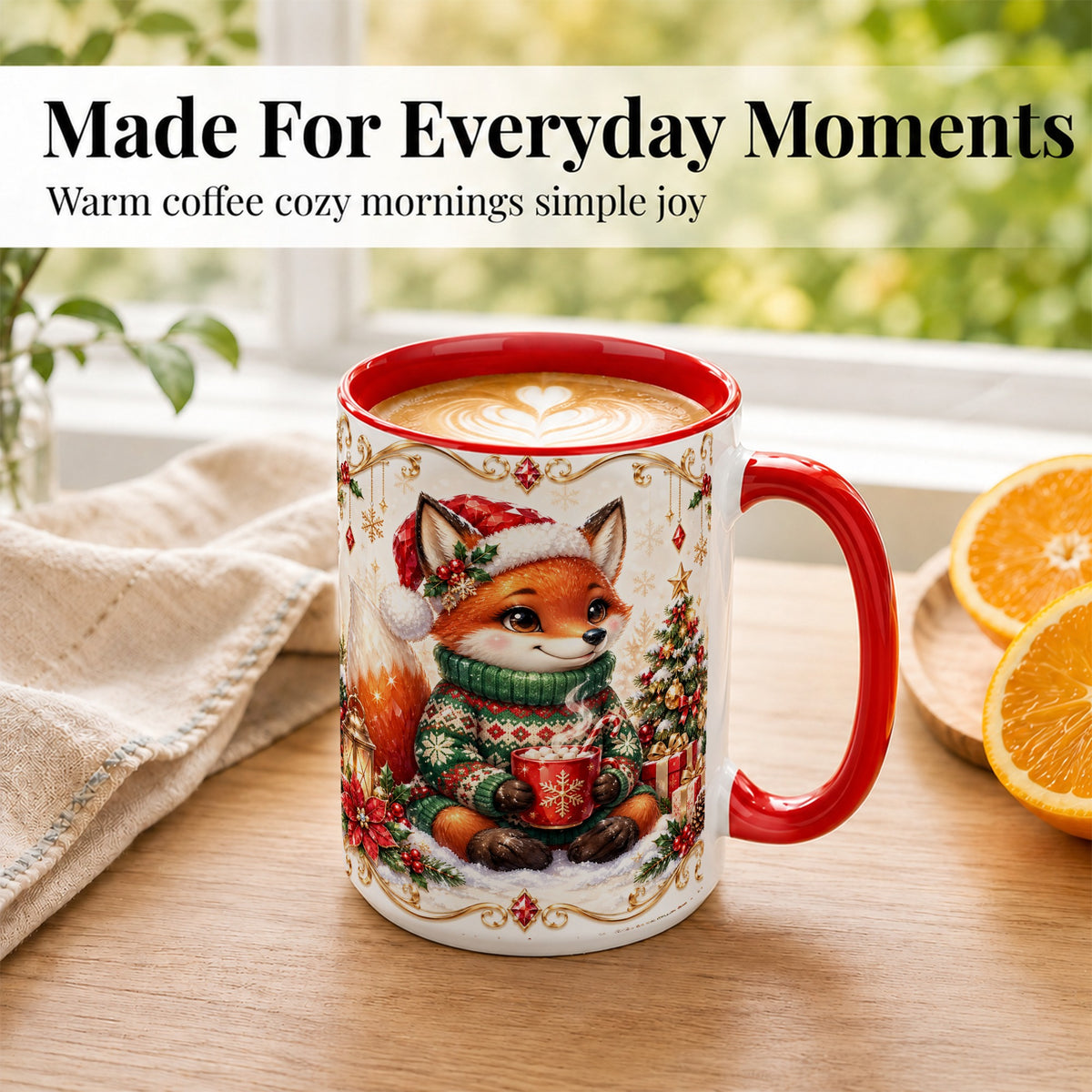 #pl[15oz|Red] Christmas Fox Coffee Mug, Cozy Holiday Fox Mug, Ceramic Cup