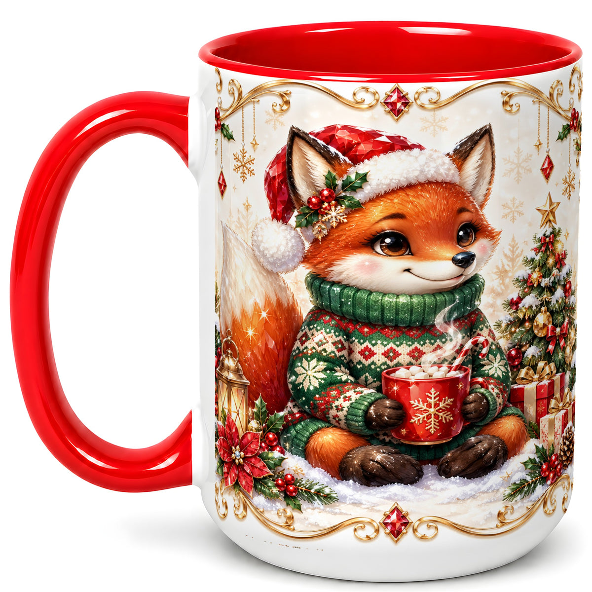 #pl[15oz|Red] Christmas Fox Coffee Mug, Cozy Holiday Fox Mug, Ceramic Cup
