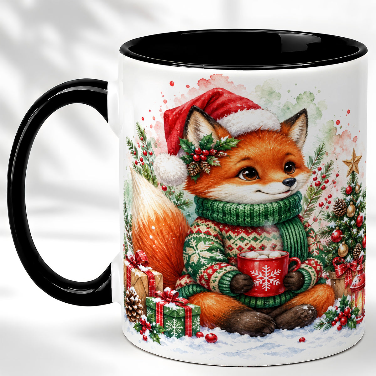 #pl[11oz|Black] Watercolor Christmas Fox Coffee Mug, Holiday Fox Mug, Ceramic Cup