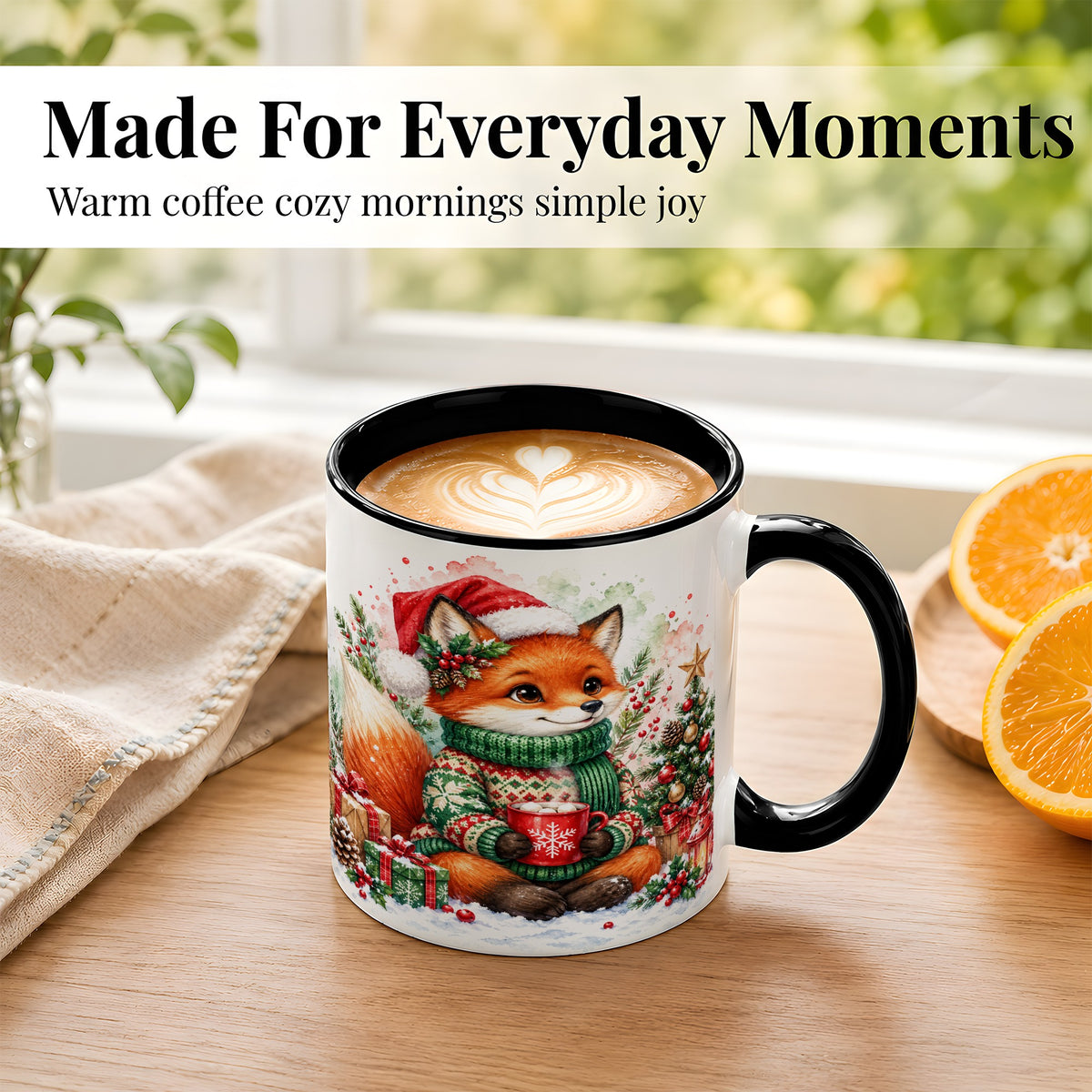 #pl[11oz|Black] Watercolor Christmas Fox Coffee Mug, Holiday Fox Mug, Ceramic Cup