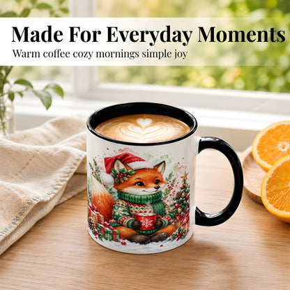 #pl[11oz|Black] Watercolor Christmas Fox Coffee Mug, Holiday Fox Mug, Ceramic Cup