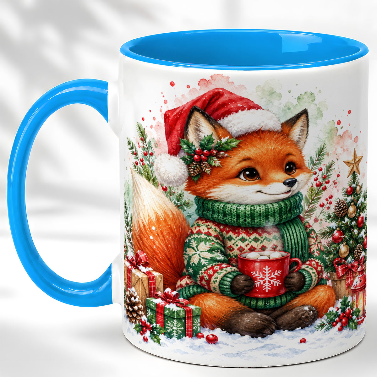 #pl[11oz|Blue] Watercolor Christmas Fox Coffee Mug, Holiday Fox Mug, Ceramic Cup
