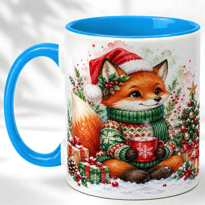 #pl[11oz|Blue] Watercolor Christmas Fox Coffee Mug, Holiday Fox Mug, Ceramic Cup