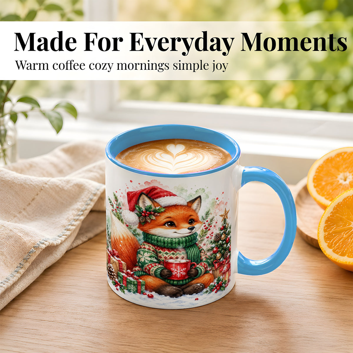 #pl[11oz|Blue] Watercolor Christmas Fox Coffee Mug, Holiday Fox Mug, Ceramic Cup