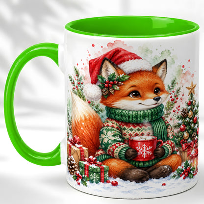 #pl[11oz|Green] Watercolor Christmas Fox Coffee Mug, Holiday Fox Mug, Ceramic Cup