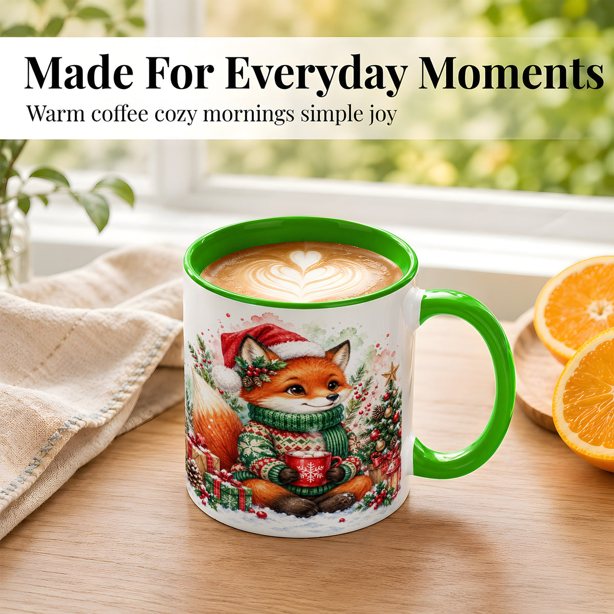 #pl[11oz|Green] Watercolor Christmas Fox Coffee Mug, Holiday Fox Mug, Ceramic Cup